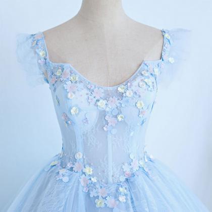 Prom Dresses,light Blue Lace Cap Sleeve Long Sweet..