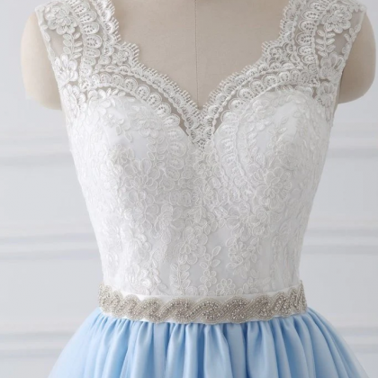 Prom Dresses,a-line Version Of White Lace And Blue..
