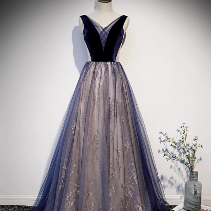 Prom Dresses,blue Velvet V-neck Tulle Long Prom..