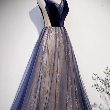 Prom Dresses,blue Velvet V-neck Tulle Long Prom..
