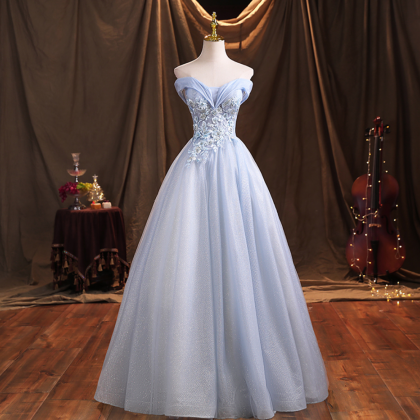 Prom Dresses Girls Lace Applique Shiny Blue Tulle..