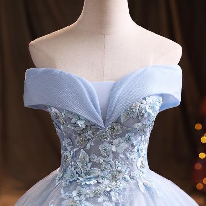 Prom Dresses Girls Lace Applique Shiny Blue Tulle..