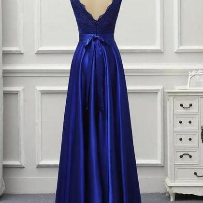 Prom Dresses,beautiful Blue Satin And Lace V-neck..