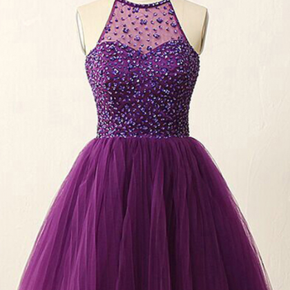 Homecoming Dresses,open Back Illusion Purple Prom..