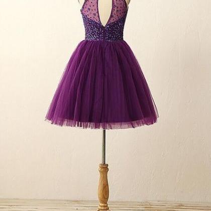 Homecoming Dresses,open Back Illusion Purple Prom..