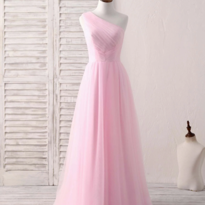 Prom Dresses,one Shoulder Tulle Pink Long..