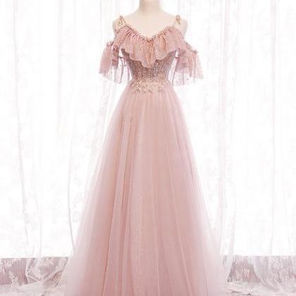 Prom Dresses,sweet Girls Pink V-neck Tulle Lace..