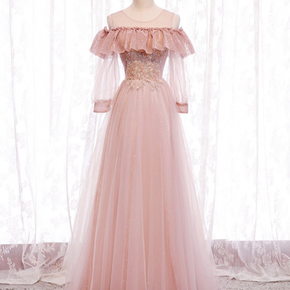 Prom Dresses,pale Sensual Pink Round Neck Tulle..