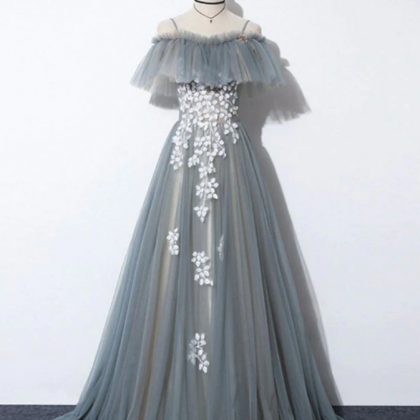 Prom Dresses,gray Strapless Straps Tulle With Lace..
