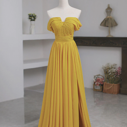 Prom Dresses,slim Strapless Yellow Chiffon Long..