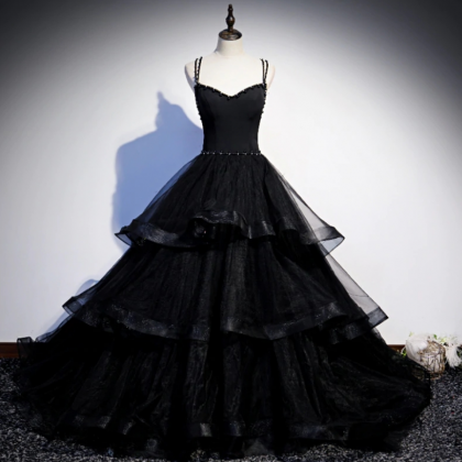 Prom Dresses,black Tulle Layers Straps Beaded Long..