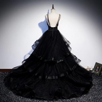 Prom Dresses,black Tulle Layers Straps Beaded Long..
