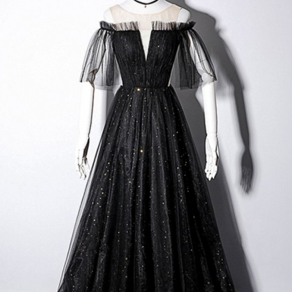 Prom Dresses,black Tulle Short Sleeve Sequin Long..
