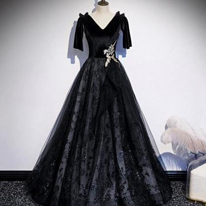 Prom Dresses,black Velvet Lace V-neck Short Sleeve..