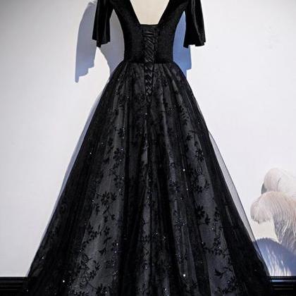 Prom Dresses,black Velvet Lace V-neck Short Sleeve..