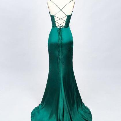 Prom Dresses,green Satin Strap Lace Long Evening..