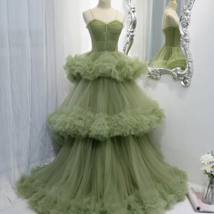Prom Dresses,green Tulle Long A-line Dance Dress..