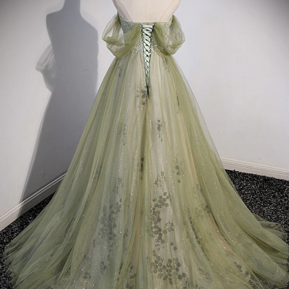 Prom Dresses,a Line Green Tulle With Beads Long..