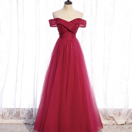 Prom Dresses,red Beading Tulle Beads Long Prom..