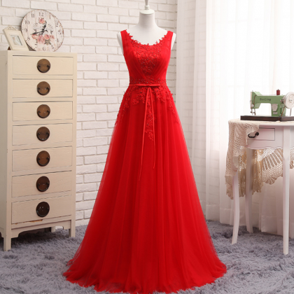 Prom Dresses,red Lace Applique Tulle Long Formal..