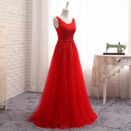 Prom Dresses,red Lace Applique Tulle Long Formal..