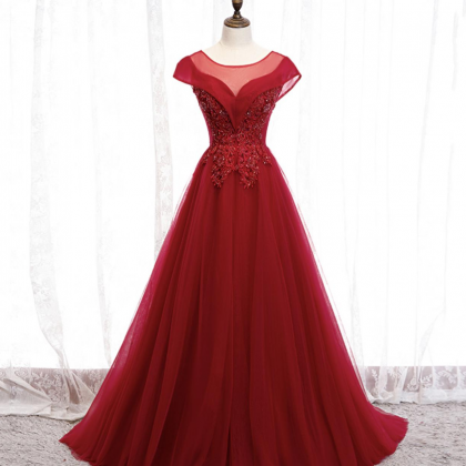 Prom Dresses,red Tulle Beaded Long Prom Dress..