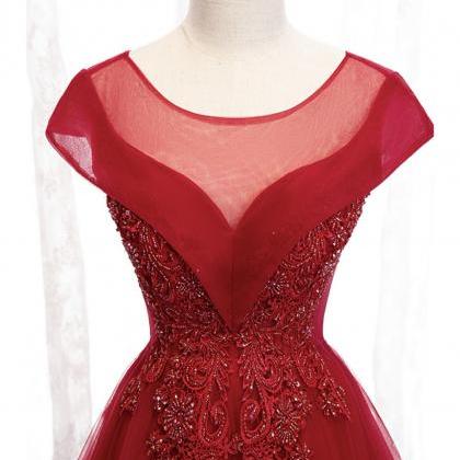 Prom Dresses,red Tulle Beaded Long Prom Dress..