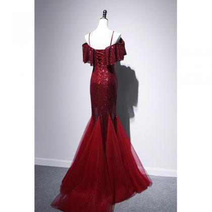 Prom Dresses,high Quality Dark Red Sequin Mermaid..