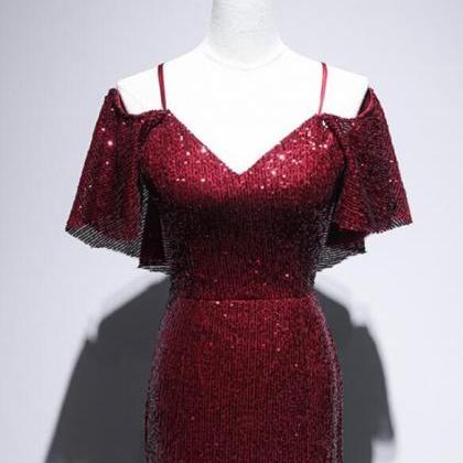 Prom Dresses,high Quality Dark Red Sequin Mermaid..