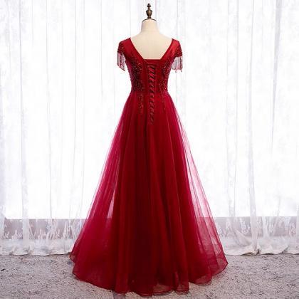 Prom Dresses,red Cap Sleeve Long Elegant Formal..