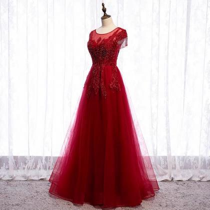 Prom Dresses,red Cap Sleeve Long Elegant Formal..