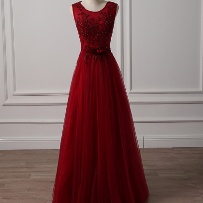 Prom Dresses,dark Red Elegant A-line Tulle Beaded..