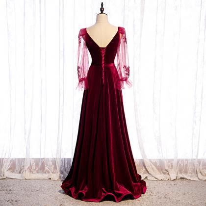 Prom Dresses,elegant Burgundy Velvet Long Party..