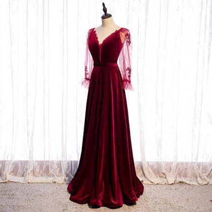 Prom Dresses,elegant Burgundy Velvet Long Party..