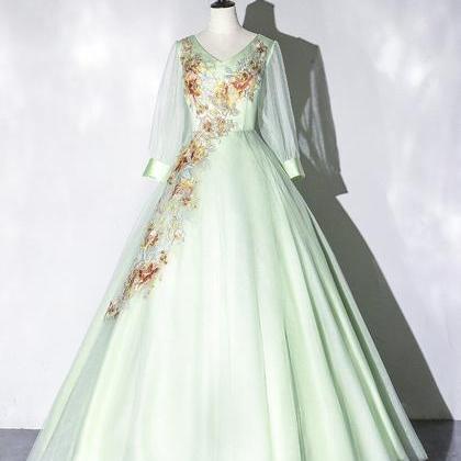Prom Dresses,fresh Apple Green Tulle V-neck..
