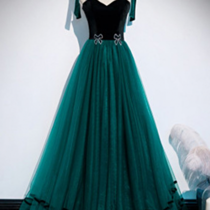 Prom Dresses,dark Green Tulle Velvet Long..