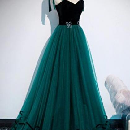 Prom Dresses,dark Green Tulle Velvet Long..