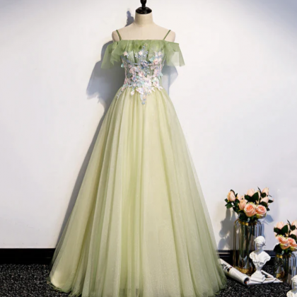 Prom Dresses,light Green Pleated Floral Embroidery..