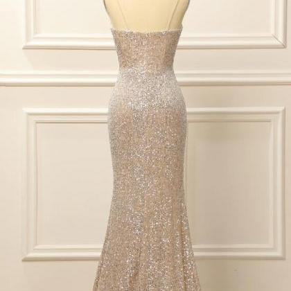 Prom Dresses,mermaid Style Silver Sequins Slit..