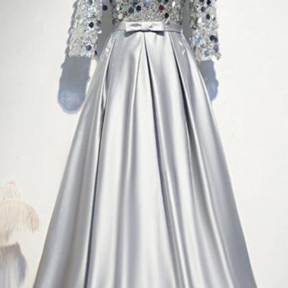 Prom Dresses,silver Gray Satin Sequins V-neck..