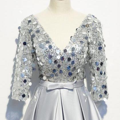 Prom Dresses,silver Gray Satin Sequins V-neck..