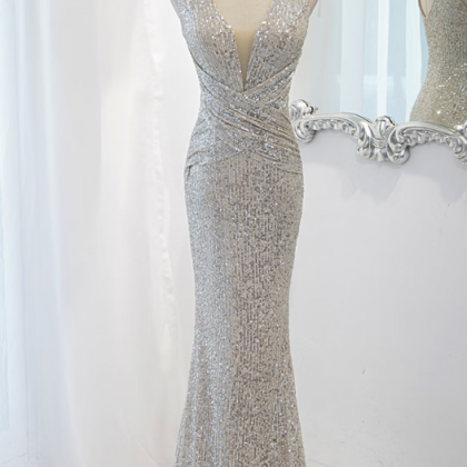 Prom Dresses,v Neck Sequins Silver Evening Gowns..