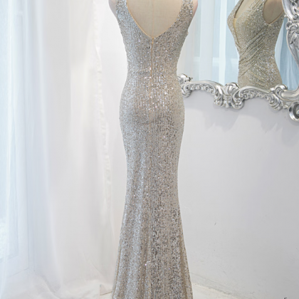 Prom Dresses,v Neck Sequins Silver Evening Gowns..