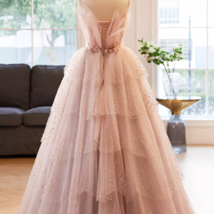 Prom Dresses,pink Mesh Evening Gowns Light Luxury..