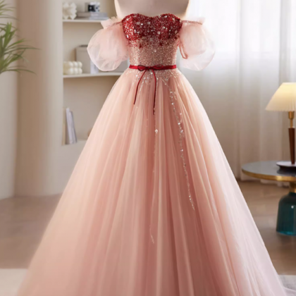 Prom Dresses,neckless Strapless Pink Haute Couture..