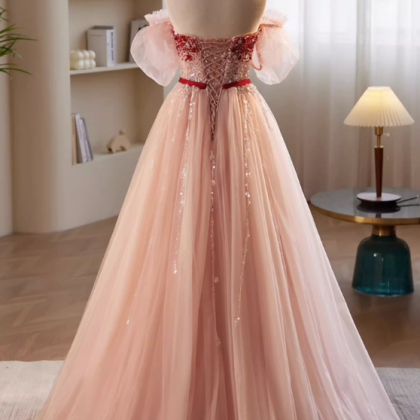 Prom Dresses,neckless Strapless Pink Haute Couture..