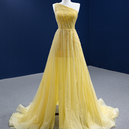Prom Dresses,temperament Type Yellow Mesh Evening..