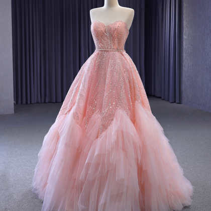 Prom Dresses,pink Tulle Strapless Long..