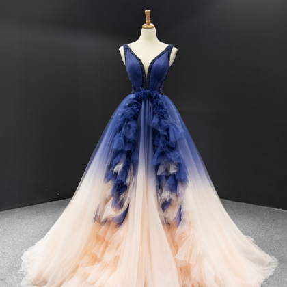 Prom Dresses,gradient Blue Double Shoulder Light..