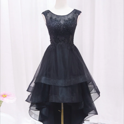 A-line Lace Tulle Black Short Prom Dress, High Low..